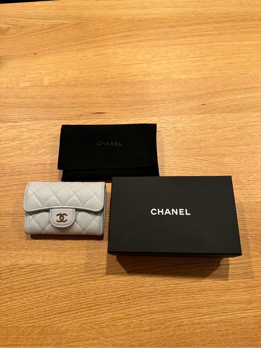 CHANEL Quilted Leather Mini Wallet - Light Baby Blue with ChampagneHardware